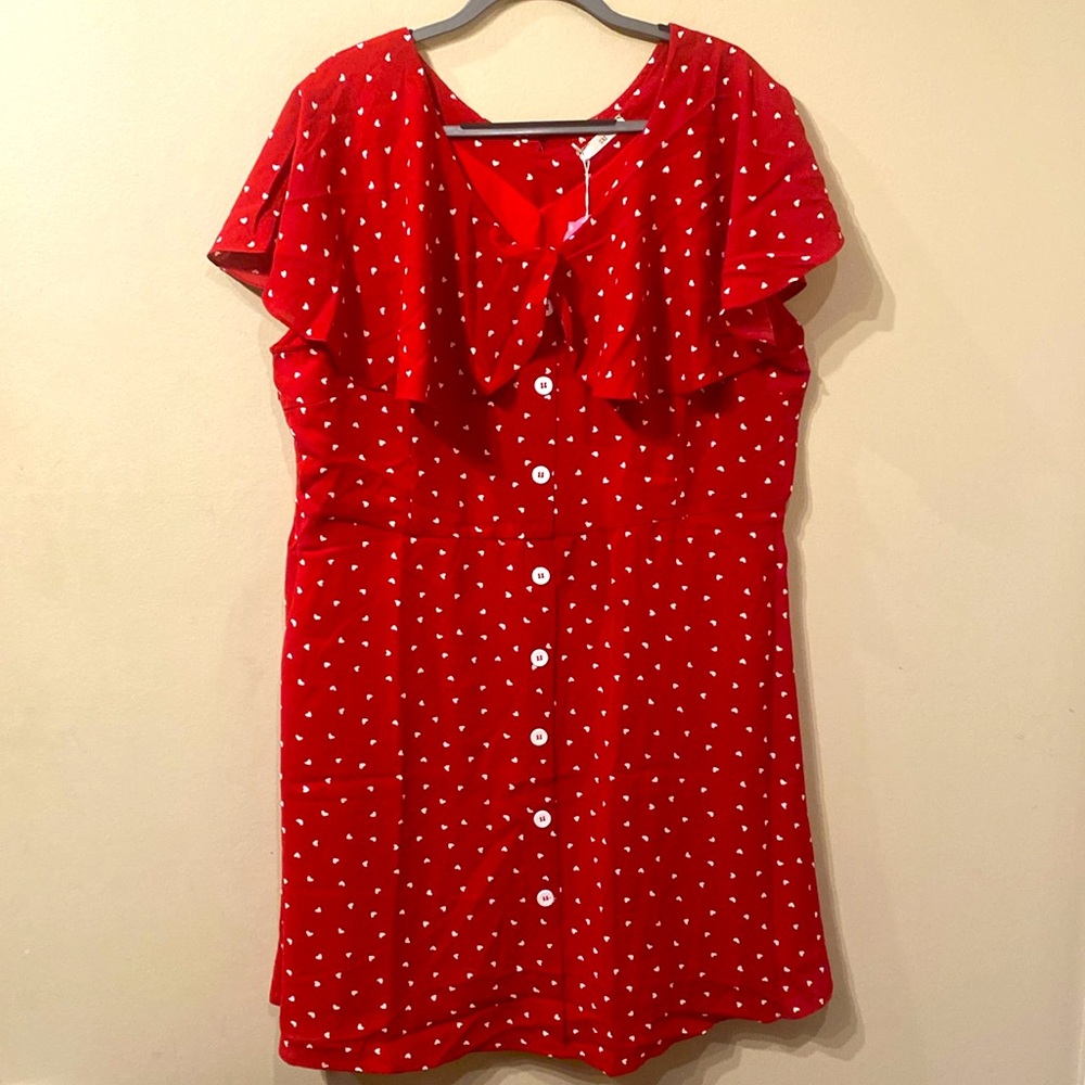 Plus Size Red Dress w/white heart print white buttons & ruffle overlay 5xl  NEW